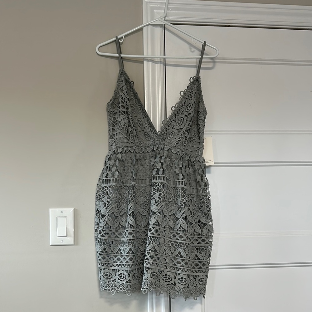 TOBI Elegant Grey Eyelet Lace Mini Dress